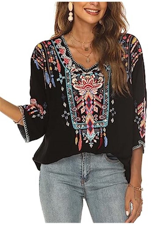 Tops - Women's Mexican Embroidered Shirt Bohemian 3/4 Sleeve Tunic Top